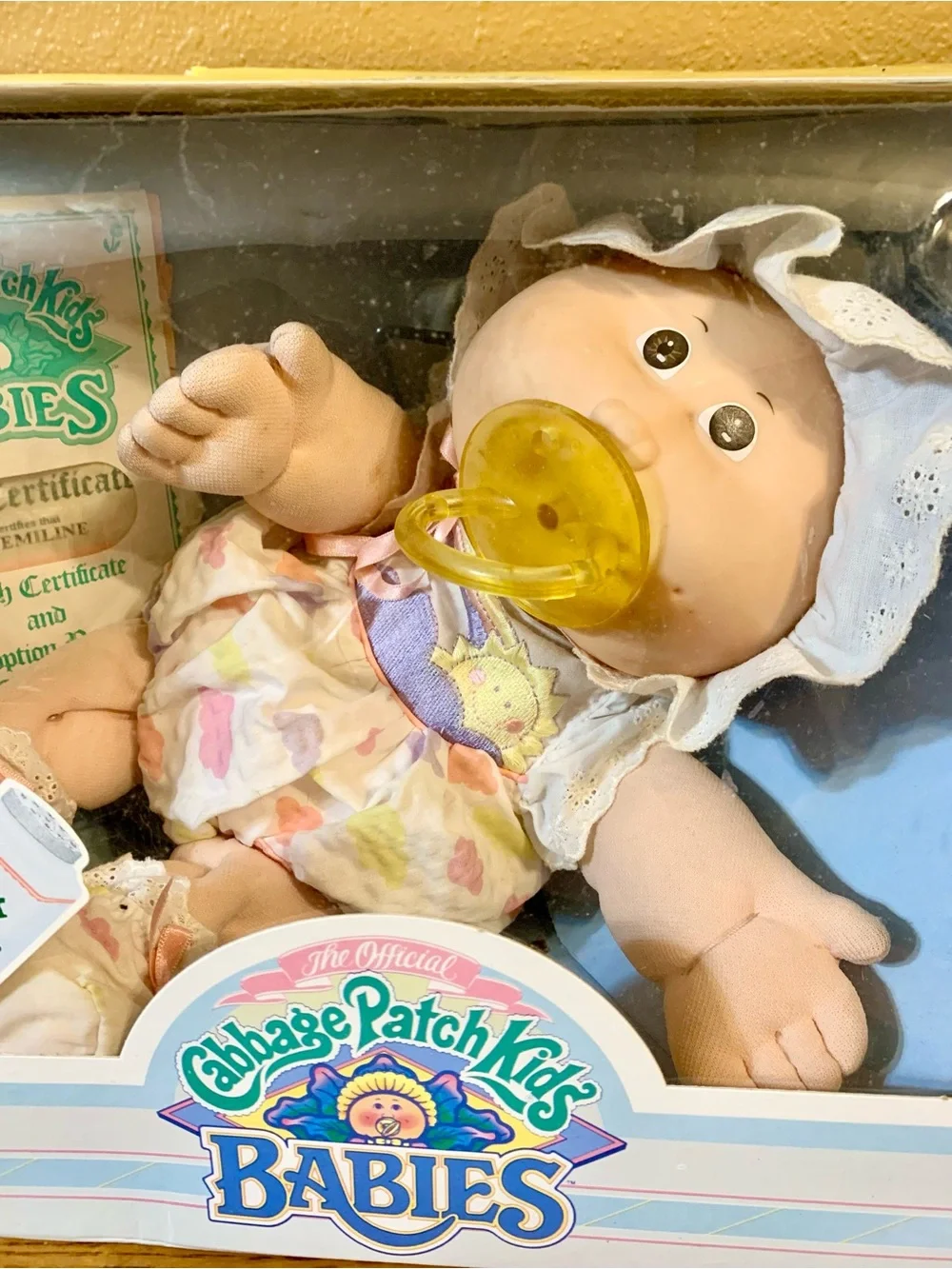Vintage Cabbage Patch Kids Baby Doll With Pacifier In Box Babies LANE EMILINE